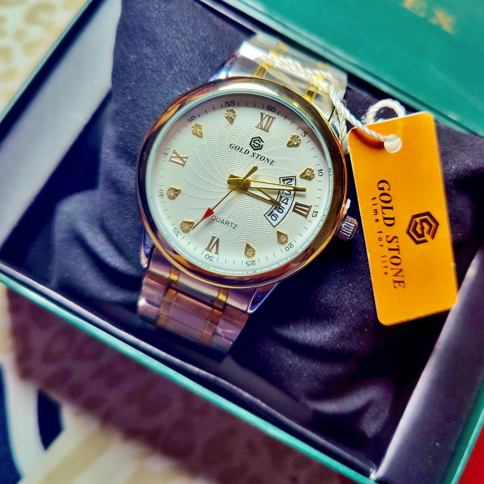 Gold Stone Luxury Watch – White Dial & Two-Tone Strap