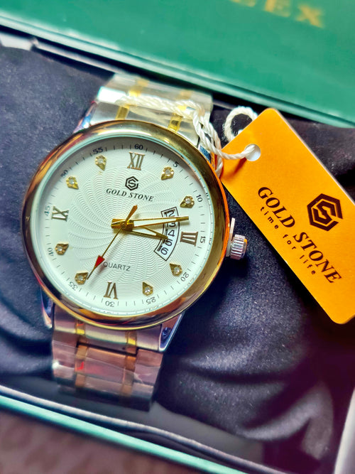 Gold Stone Luxury Watch – White Dial & Two-Tone Strap