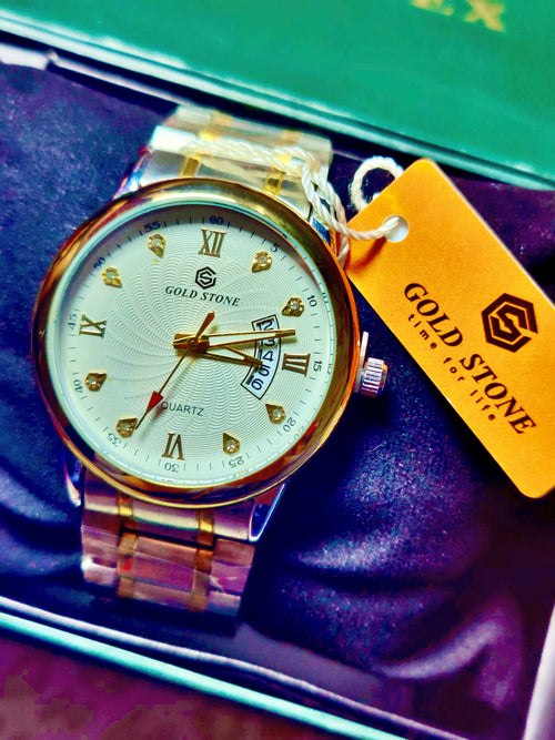 Gold Stone Luxury Watch – White Dial & Two-Tone Strap