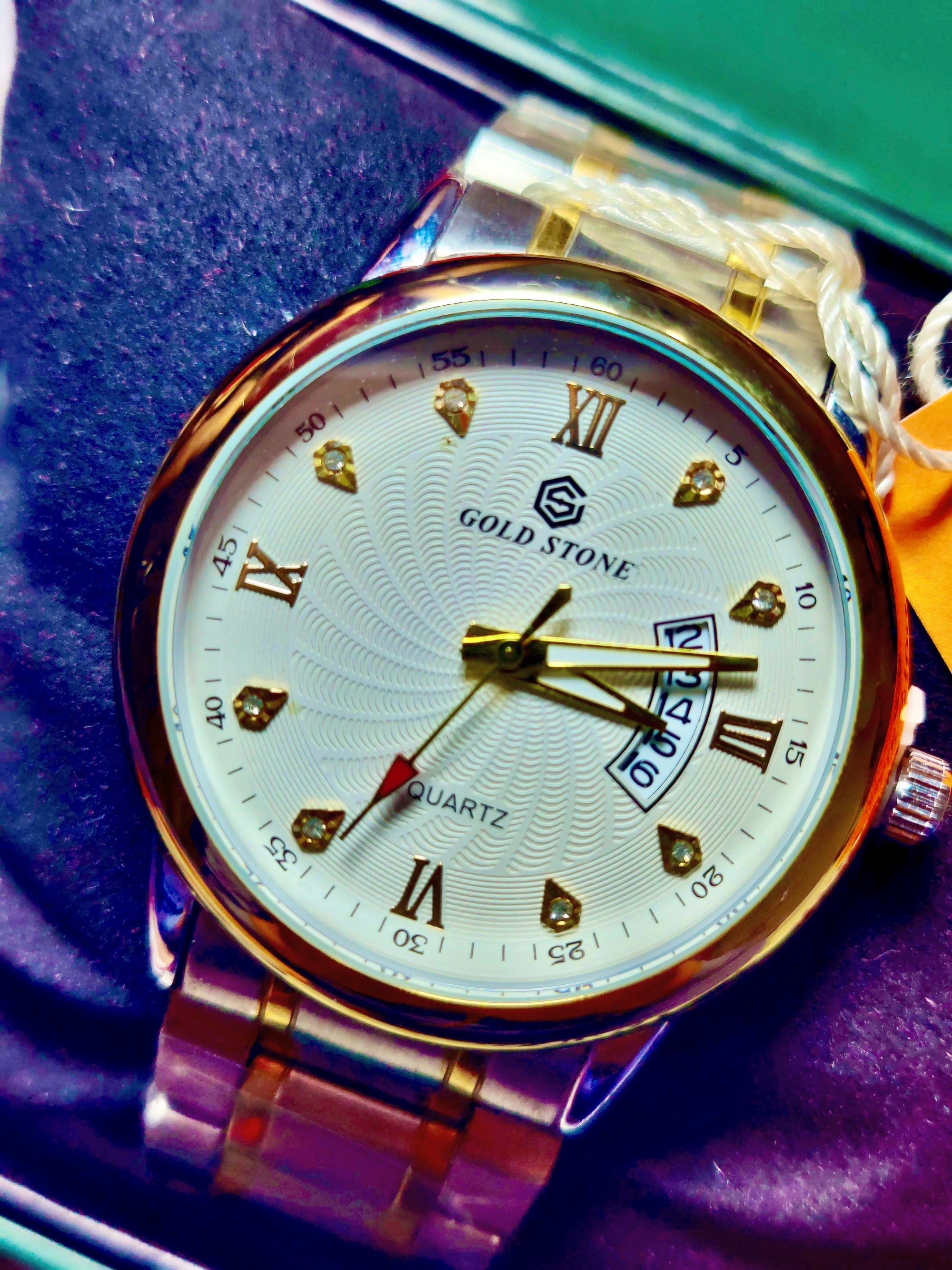 Gold Stone Luxury Watch – White Dial & Two-Tone Strap